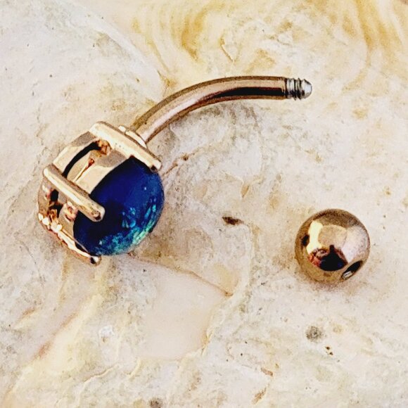 Synthetic Blue Opal Glitter Rose Gold Steel Navel Ring Belly Button 14G Jewelry - Picture 6 of 6
